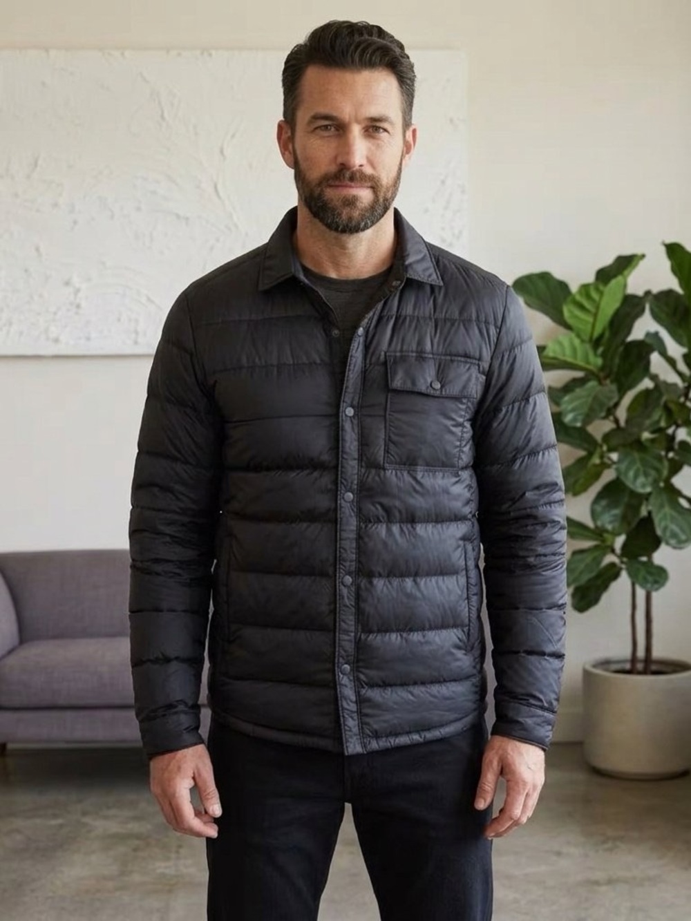 Uniqlo Mens Ultra Light Down Puffer Lightweight Shirt Jacket Black Collar Sz S